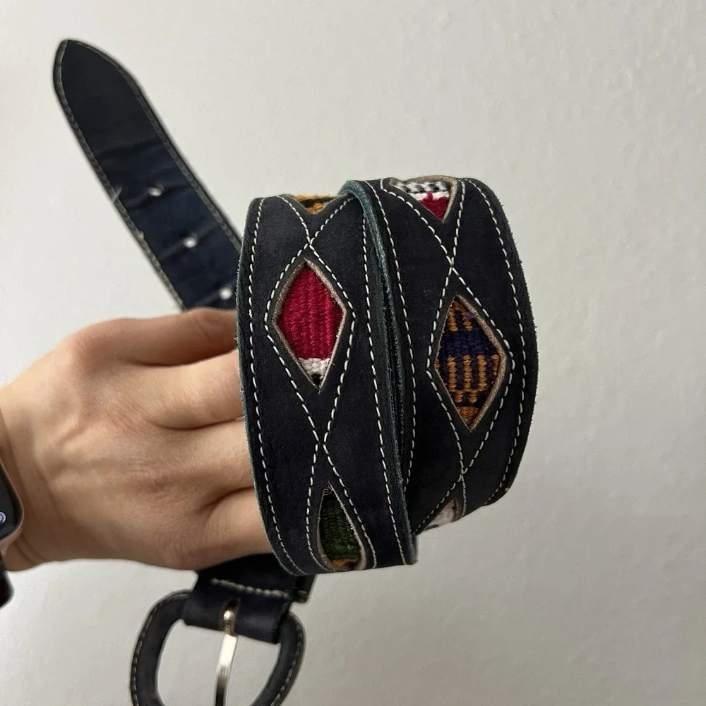 Vintage Blue Leather Southwestern Woven Inlay Belt Boho Artisan 90s Cowgirl